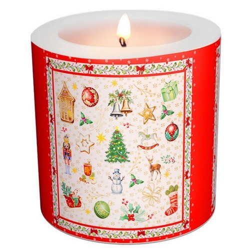 Kerze rund Cozy Christmas Time red - Gemütliche Weihnachten rot Ø 8cm, Höhe 7,5cm