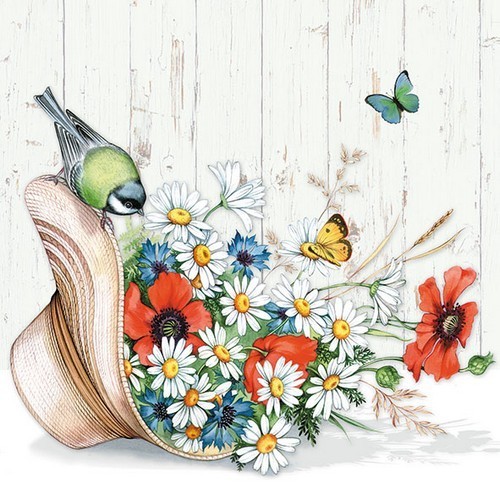 20 Servietten Summer Hat - Vogel an Hut voller Blumen 33x33cm
