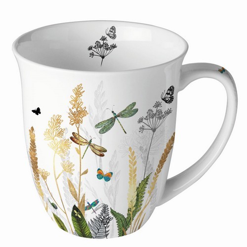 Tasse aus Porzellan Ornamental Flowers - Naturbelassene Wiese mit Libellen weiß 0,4L, Höhe 10,5cm
