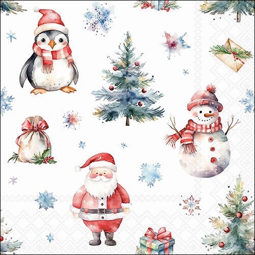 20 Servietten Christmas Trio white - Santa, Schneemann und Pinguin 33x33cm