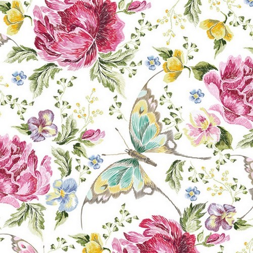 20 Servietten Embroidery Flowers and Butterflies - Schmetterling an pinken Blumen 33x33cm