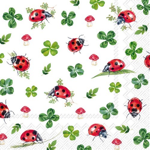 20 Servietten Lucky Ladybugs - Marienkäfer, Pilze und Kleeblätter 33x33cm