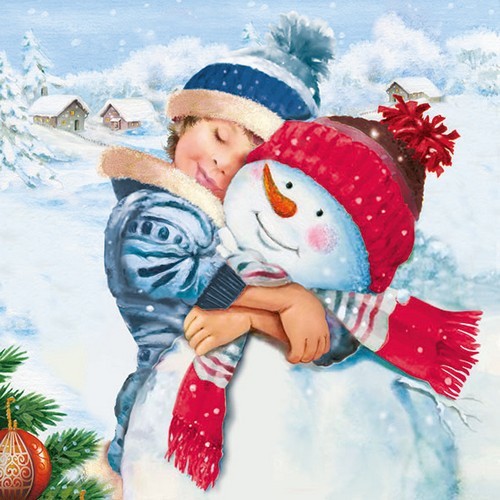 20 Servietten Sweet Snowman - Junge umarmt Schneemann 33x33cm