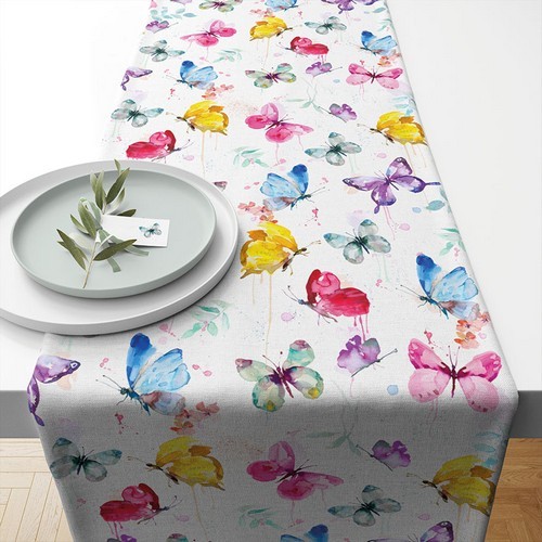 Tischläufer aus Baumwolle Butterfly Collection white - In Farben gemalte Schmetterlinge 40x150cm