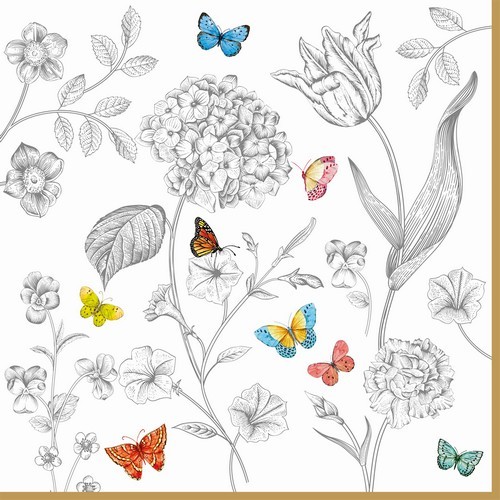 20 Servietten Fleurs et Papillons - Bunte Schmetterlinge an farblosen Blumen 33x33cm