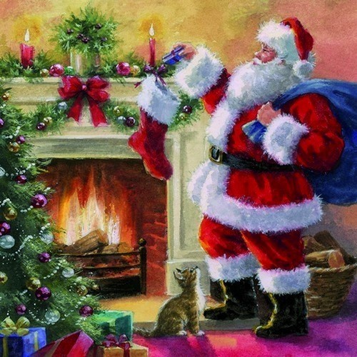 20 Servietten Santa placing Presents in Stockings - Weihnachtsmann versteckt Geschenke 33x33cm
