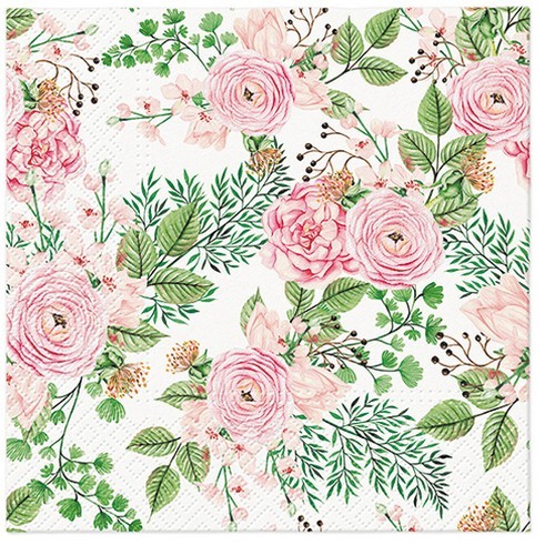 20 Servietten Rose Hip Flowers - Rosen rosa an grünen Blättern 33x33cm