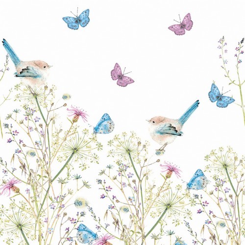 20 Servietten Sweet Spring - Vögel und Schmetterlinge an Wiese 33x33cm