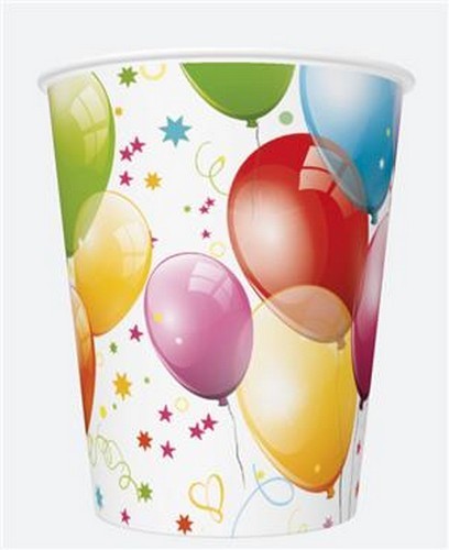 8 Pappbecher Birthday Balloons - Farbige Partyballons 0,25l, Ø5,5-8cm, H9cm