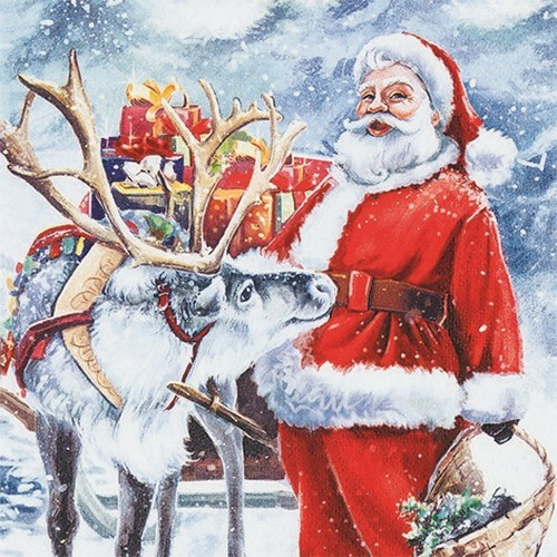 20 Servietten Santa with Reindeer - Weihnachtsmann mit seinem Rentier 33x33cm