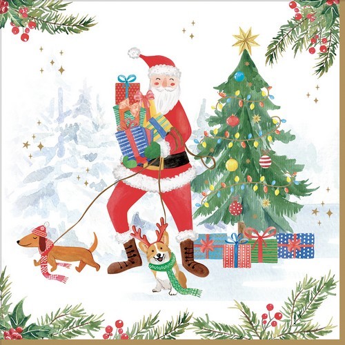 20 Servietten Joyful Santa - Lustiger Weihnachtsmann mit Hunde 33x33cm