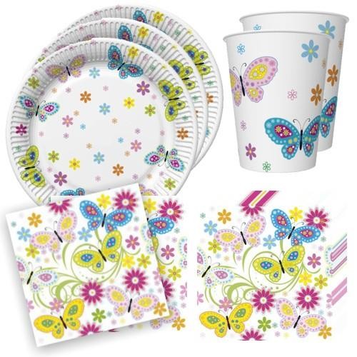 36-teiliges Tischdeko-Set Blüten und Schmetterlinge - Teller, Becher, Servietten