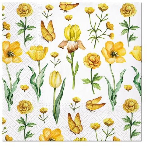 20 Napkins Yellow Blossoms - Yellow flowers with butterflies 33x33cm
