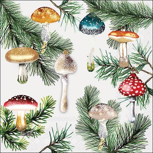 20 Servietten Mushroom Ornaments white - Pilzanhänger Christbaum 33x33cm