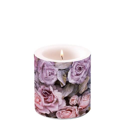 Kerze rund Winter Roses – Rosen im Frost Ø 7,5cm, Höhe 8cm
