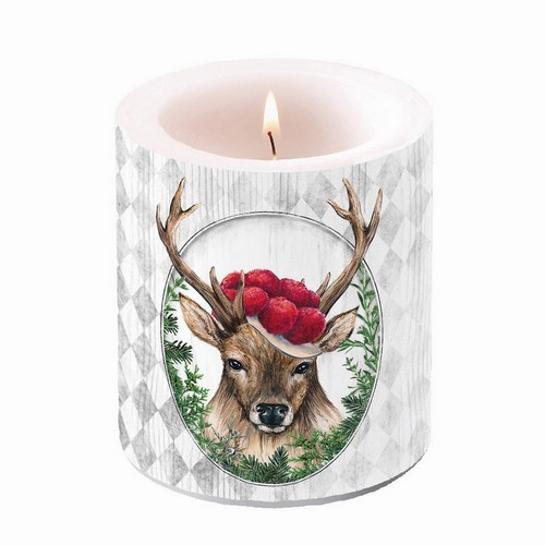 Candle round medium Deer in Frame - Black Forest deer in frame Ø 10cm, height 10cm