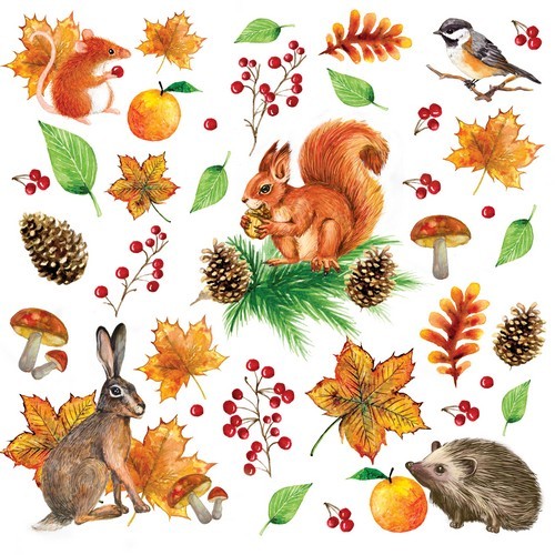 20 Servietten Autumn Moments - Herbstliche Blätter und Tiere 33x33cm