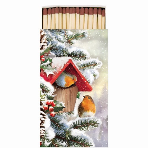 Kaminhölzer 45er Box House with Robins - Rotkehlchen im winterlichen Vogelhaus 11x6,3cm