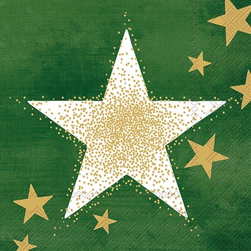 20 Servietten Shining Stars green gold - Goldener Schimmer auf Stern grün 33x33cm