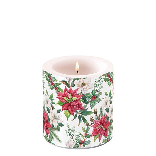 Kerze rund klein Christmas Florals - Weihnachtsstern elegant Ø 7,5cm, Höhe 9cm