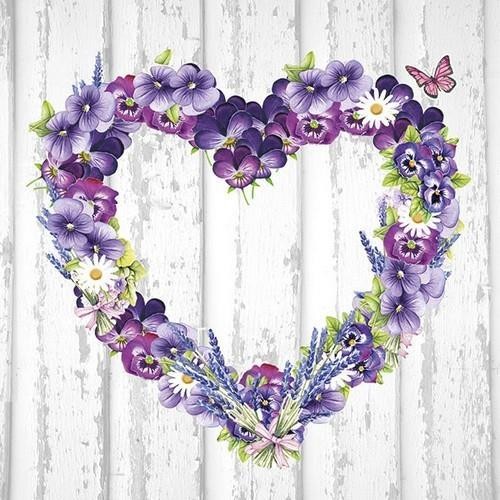 20 Servietten Purple Heart - Stiefmütterchen zum Herz geformt 33x33cm