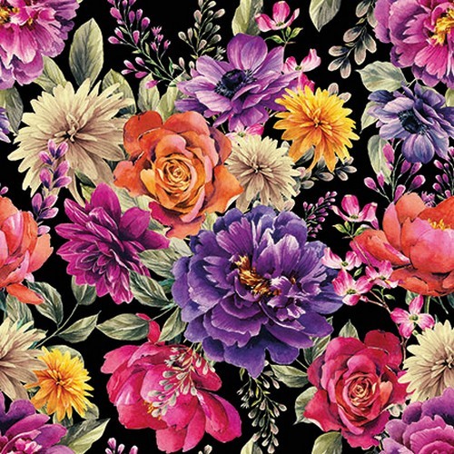 20 Servietten Anne black - Blumen im Farbspektakel schwarz 33x33cm