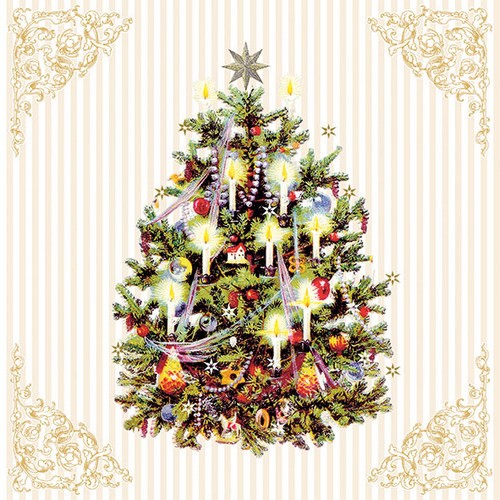 20 Servietten X-Mas Tree - Weihnachtsbaum an goldene Ornamente 33x33cm