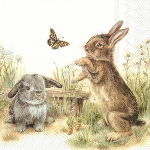 20 Servietten Bunny & Clyde - Spielende Hasen im Gras 33x33cm