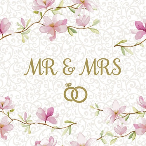 20 Wedding Day napkins - Mr & Mrs around pink flowers 33x33cm