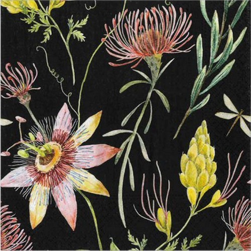 20 Servietten Flowers - Zierliche Blumen auf schwarz 33x33cm