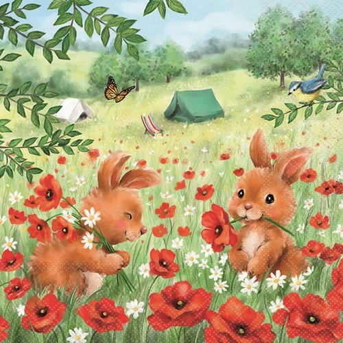 20 napkins Summer Camp - Rabbits in a field of poppies 33x33cm