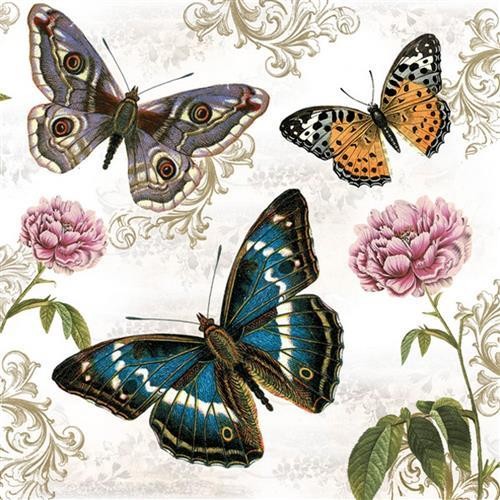 20 Servietten Butterflies on Retro Background - Schmetterlinge mit Ornamente und Blumen 33x33cm