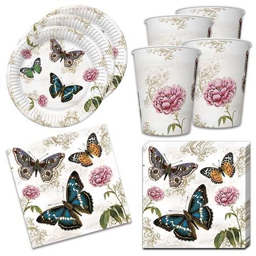 36-teiliges Tischdeko-Set Retro Schmetterlinge - Teller, Becher, Servietten