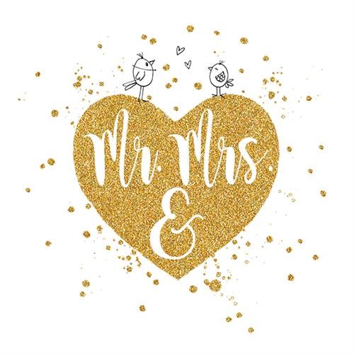 20 Servietten Wedding Heart - Mr. & Mrs im goldenen Herz 33x33cm