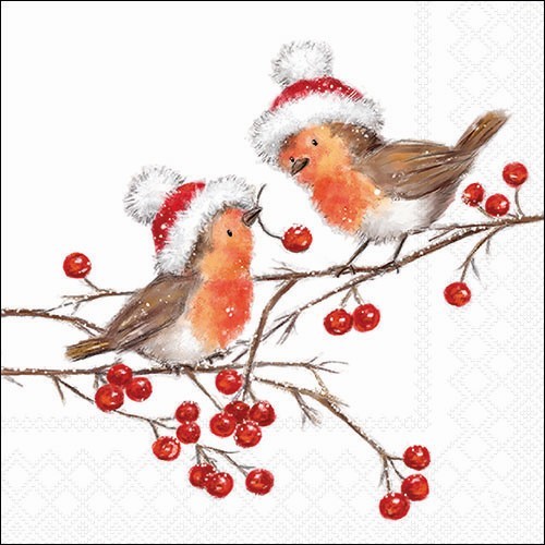 20 Servietten Christmas Robins white - Rotkehlchen mit Weihnachtsmütze 33x33cm