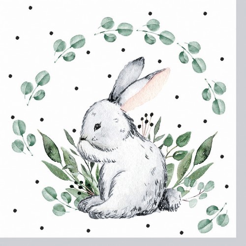 20 Servietten Sweet Bunny - Hase umrahmt von grünen Blättern 33x33cm