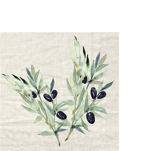20 small cocktail napkins Olio di Olivia linen - Natural olive branches 33x33cm