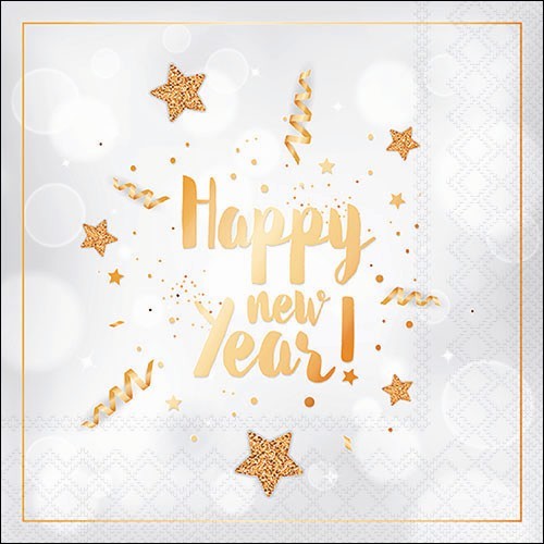 20 Servietten New Year Glitter white - Happy New Year gold auf weiß 33x33cm