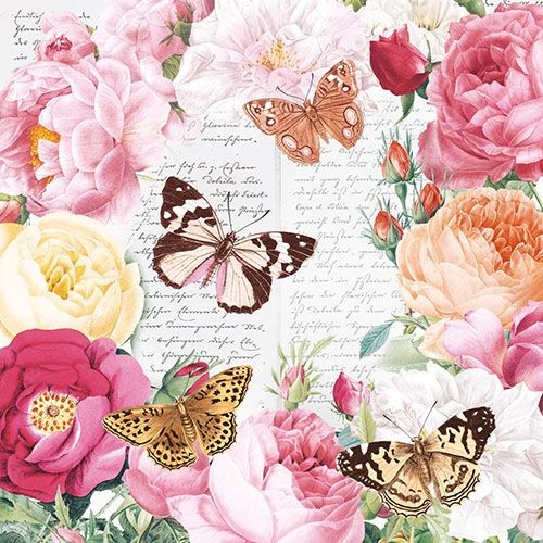 20 Servietten Natural Beauties - Schmetterlinge an Blumen und Schrift 33x33cm