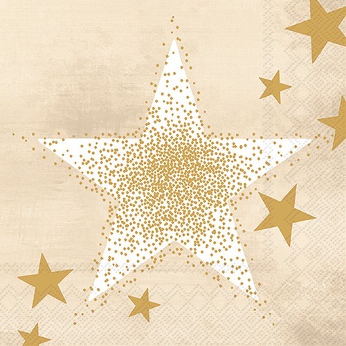 20 Servietten Shining Stars cream gold - Goldener Schimmer auf Stern creme 33x33cm