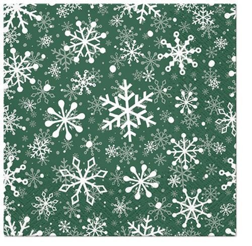 20 Napkins Christmas Snowflakes green - White snowflakes on green 33x33cm