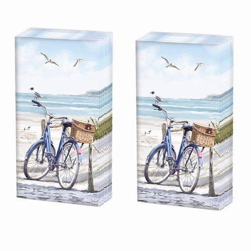 2x 10 handkerchiefs Bike At The Beach - bike with basket on the beach