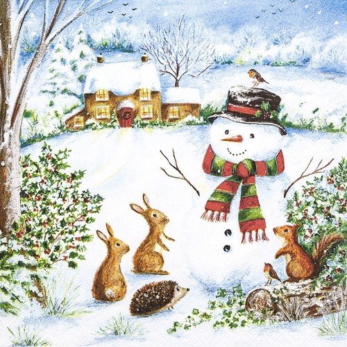 20 Servietten Friendship - Niedliche Tiere an Schneemann 33x33cm