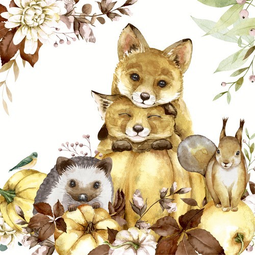 20 Servietten Nature Cuteness - Kuschelnde Herbsttiere 33x33cm