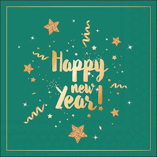 20 Servietten New Year Glitter green - Happy New Year gold auf grün 33x33cm