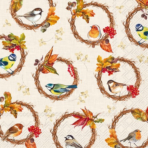 20 Servietten Birds in the Wreath cream - Viele Vogelkränze im Herbst 33x33cm