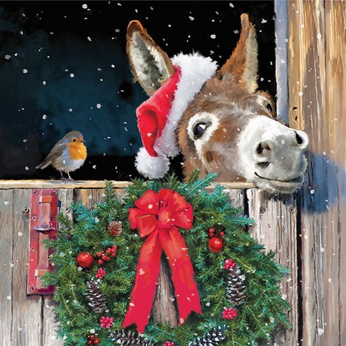 20 Servietten Friends with Donkey - Vogel und Weihnachtsesel 33x33cm