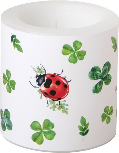 Kerze rund klein Lucky Ladybugs - Marienkäfer und Kleeblätter Ø 7,5cm, Höhe 7,5cm