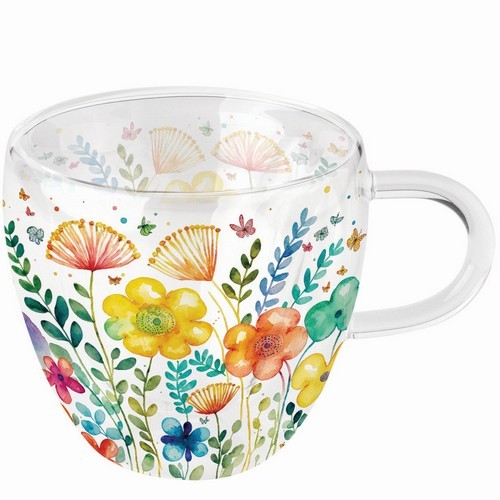 Double-walled glass Vibrant spring white - Modern, colorful spring meadow 0,25L, height 9,5cm