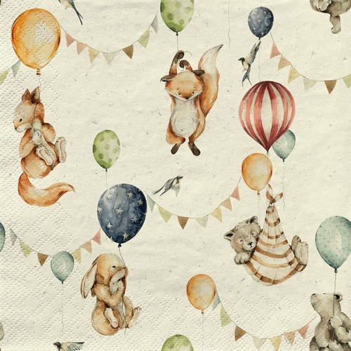 20 napkins sustainable grass kids party - animals flying with balloons 33x33cm